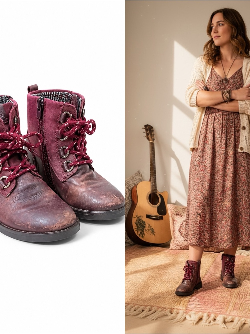 Kamik Rogues Leather Ankle Boots Women’s Size 9 Burgundy Lace Up Side Zip Combat